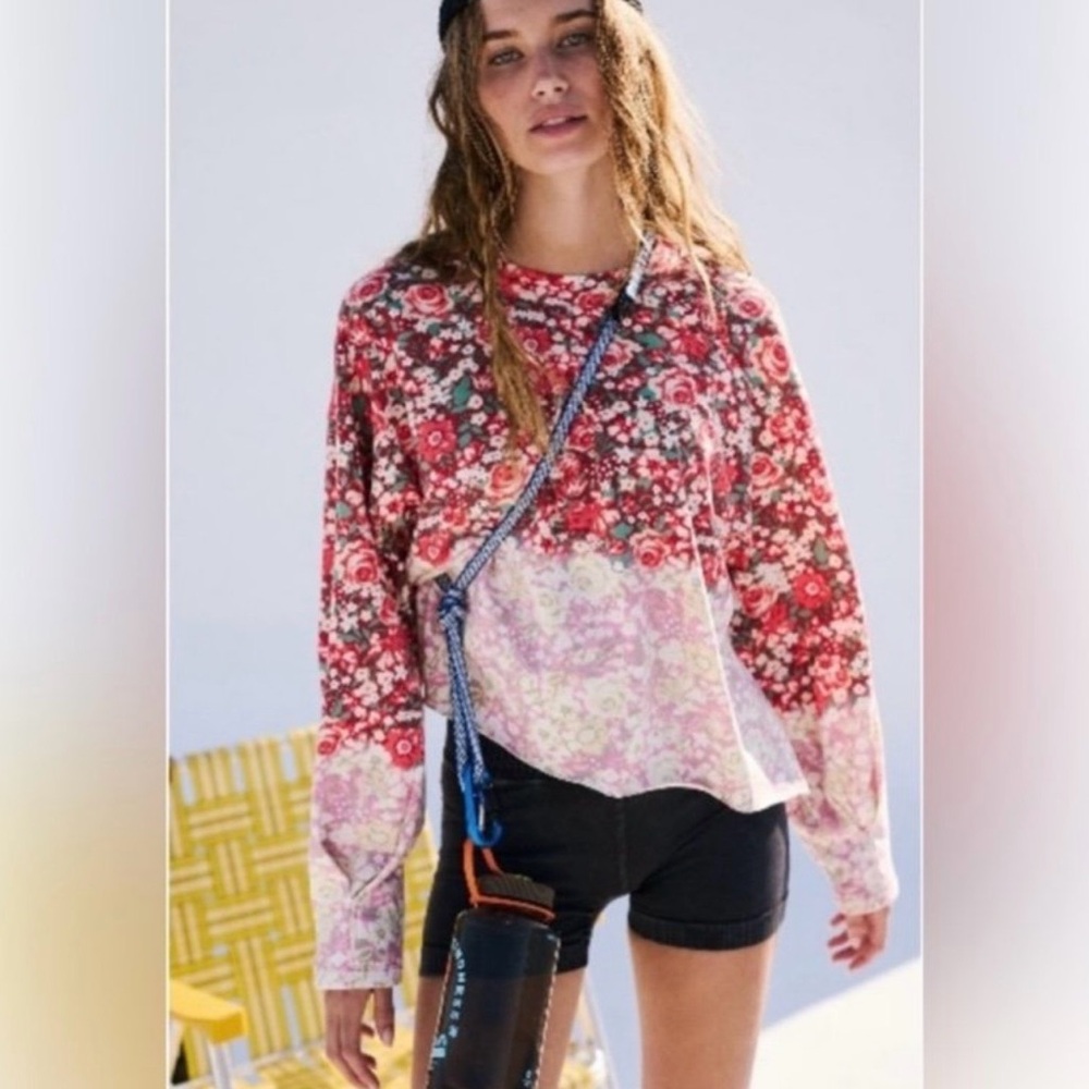 Free People Floral Long Sleeve Top - Red, Pink, White
